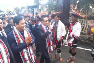 Assam Chief Minister Sarbananda Sonowal and Nagaland Chief Minister TR Zeliang arrives to at the opening day of the state annual Hornbill Festival at Naga Heritage village Kisama, some 15 kms away from Kohima, Nagaland on Thursday, December 01, 2016. Photo by Caisii Mao