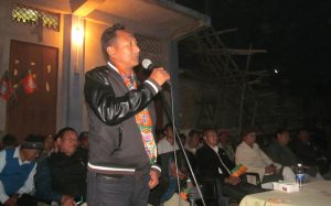 BJP candidate of Ward 22 for the forthcoming Dimapur Municipal Council election, Hokuto Zhimomi, addressing a public rally at Burma Camp Bazaar area on Sunday evening.