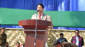 Kipili Sangtam addressing the closing function of the Poang Lum festival in Tuensang. 