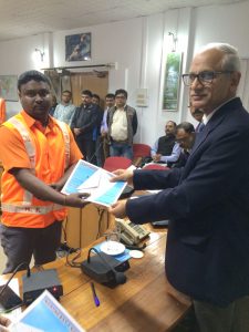 Railway trackmen Sibnath Yadav receiving awards from NRF General Manager Chahatey Ram on February 12.