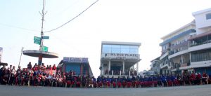 Members of the Ao naga community, various other Naga communities living in Mokokchung town and women from 18 wards of Mokokchung town are seen here during the total shutdown of Mokokchung district at the Police Point in the town on Friday, February 17.