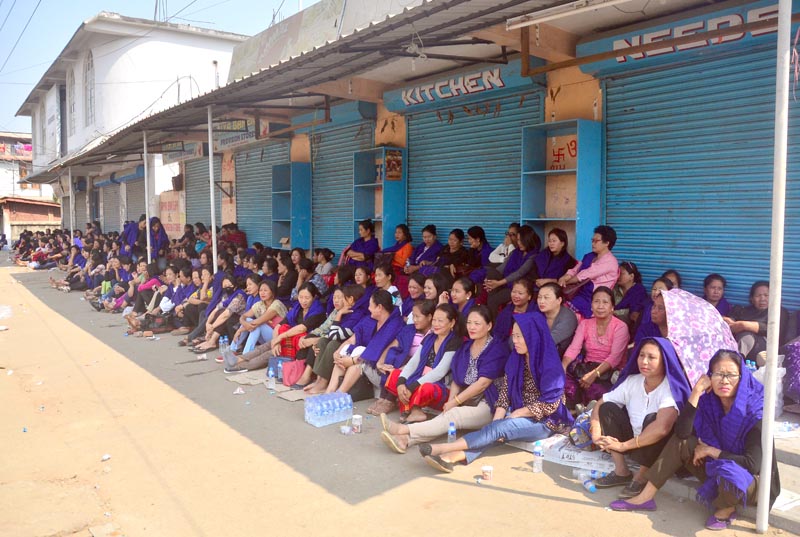 Women volunteers block the entrance to the Dimapur deputy commissioner’s office, and along the route to the deputy commissioner’s complex, on Wednesday, February 15, in Dimapur. 
