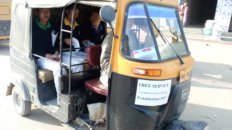 Students in Wokha town seen here in an auto rickshaw, understood to be on their way to write for the ongoing NBSE examination on Wednesday, February 15. Sources from the town said on Wednesday that the Wokha Auto rickshaw Union was offering free transport to the students ‘in view of the NBSE exams.’