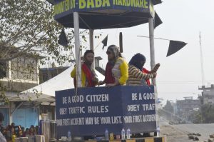 A traffic island plays host to volunteers during the Thursday bandh in Dimapur. 