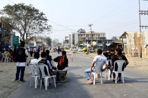 Volunteers monitor events during the fourth day of the ongoing bandh along National Highway 29 in the 4th mile areas in Dimapur. 