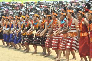 File photo of Konyak Naga women in traditional attire performing cultural dance during Aoleang Monyu festival.