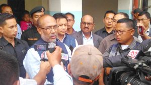 Chief minister N Biren speaking to media while visiting road accident victims in Imphal on Wednesday.