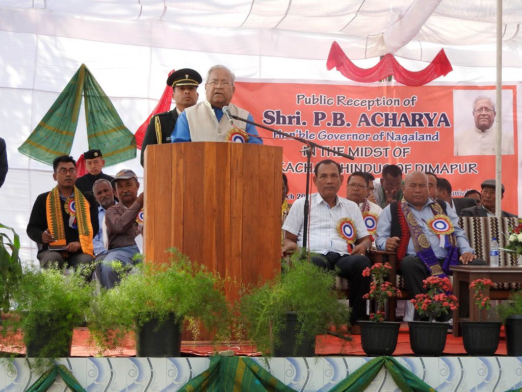Governor PB Acharya speaking at the reception progamme organised by the Mech Kachari community in his honour on March 19 in Dimapur. (EM Images)