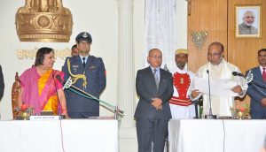 Governor Dr Najma A Heptulla administering oath of office to Nongthombam Biren Singh as BJP's first chief minister in Manipur on Wednesday.