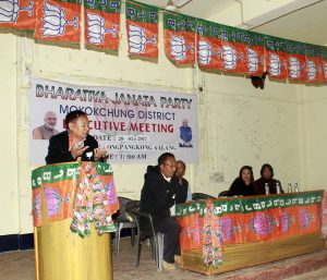 BJP state executive member Dr Temsuwati addressing the 4th district executive meeting of the Mokokchung unit of the BJP at Ongpangkong Salang in Mokokchung on Monday, March 20.
