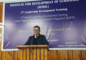 Secretary, Land Resources, Y. Kikheto Sema speaking at the ongoing 5th Leadership Development Training under Baptist Associations in Eastern Nagaland in Kohima on Monday.