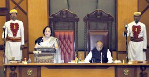 Manipur Governor Dr Najma Heptulla(left) addressing the 11th Manipur assembly on Tuesday. Assembly speaker Y Khemchand is also seen in the picture.