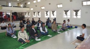 Physical Education teachers learning the basic exercise of yoga during the five-day orientation cum training which got underway at Ura Academy, Kohima, on March 14.