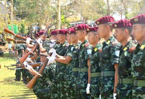 Cadres of NSCN-IM perform a drill display during the 38th Naga Republic Day celebration at the NSCN-IM Headquarter, Hebron, outskirt of Dimapur, Nagaland on Tuesday, March 21, 2017. Photo by Caisii Mao