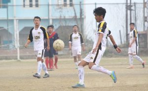 MHR Sunrises player seen in action at the ongoing Morning Premier League match at D Khel ground, Kohima on Friday. 