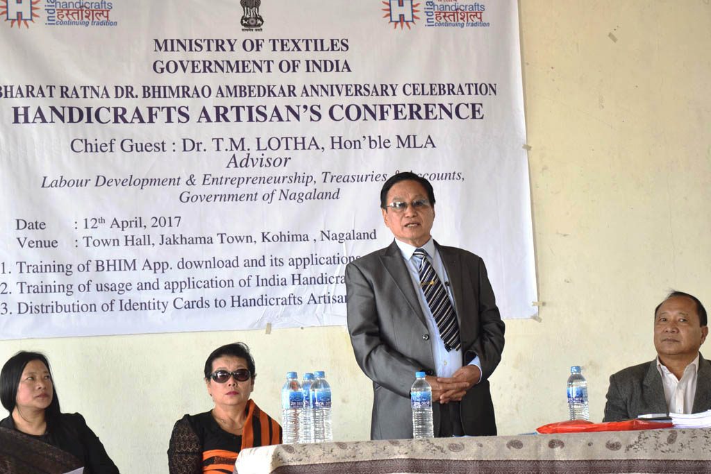 Dr TM Lotha speaking at the handicrafts artisans’ conference at Jakhama, in Kohima, on April 12. (EM Images)