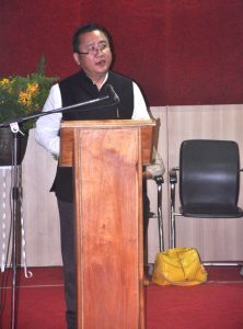 Temjen Toy speaking at the annual general conference of the FONSESA at the Capital Convention Centre in Kohima town on April 19.
