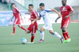 Shillong FC and Bengaluru FC players vying for the ball during their I-League match at the JN Stadium, Shillong on Saturday.