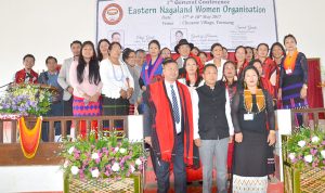 Chairman DAN TR Zeliang and colleagues pose for the lens with members of the ENPO ENGOA ENSF and ENWO at the 4th General Conference of the ENWO at Chissore Village Tuensang on Wednesday