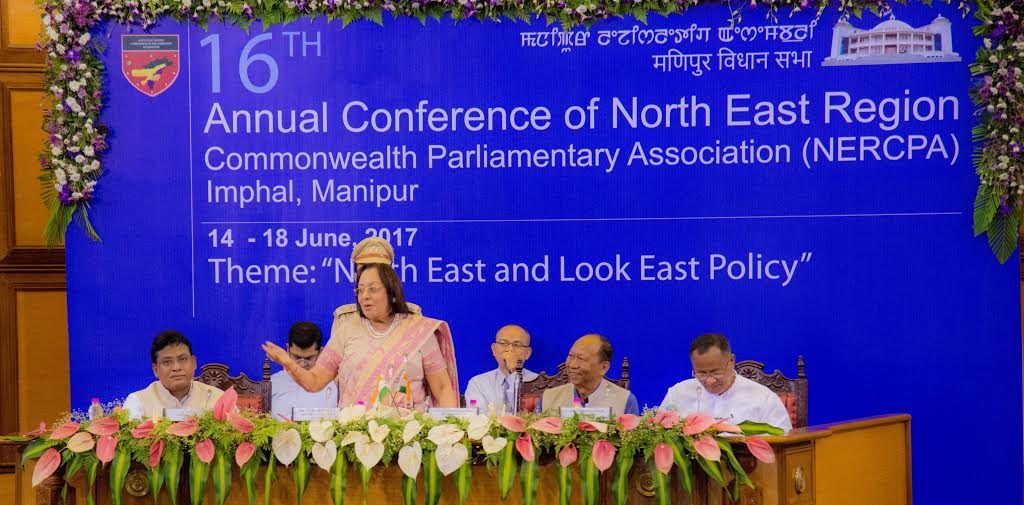 Manipur governor Dr Najma Heptulla delivering her speech during the 16th NERCPA conference in Imphal on Friday