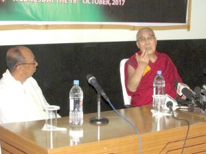 Tibetan spiritual leader Dalai Lama accompanied by state assembly speaker Yumnam Khemchand speaking to media prior public convention address in Imphal on Wednesday 5