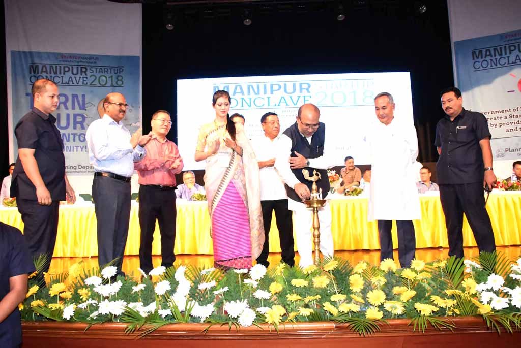 Manipur chief minister N Biren singh accompanied by cabinet colleagues inaugurating the Startup Conclave 2018 in Imphal on wednesday