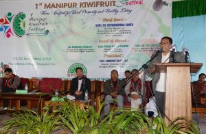 horticulture minister Th shyamkumar speaking at the 1st kiwi festival at purul village in senapati district
