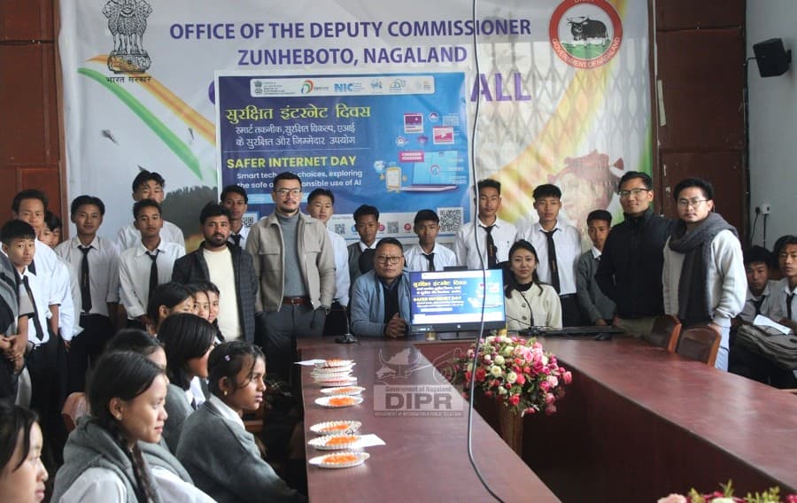 Officials and students during the observance of Safer Internet Day at DC’s conference hall in Zunheboto.