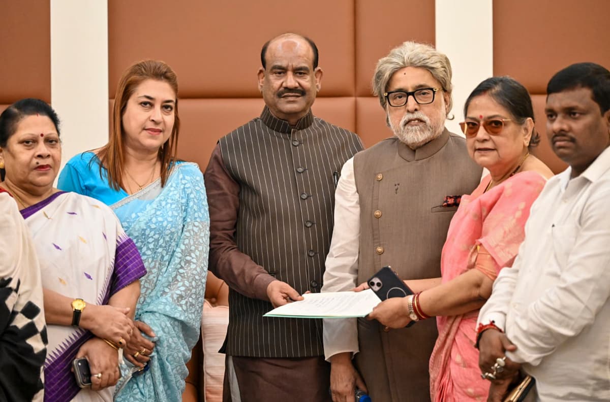 In this image received on June 14, 2026, Lok Sabha Speaker Om Birla receives a letter from TMC MPs including Sudip Bandyopadhyay, Satabdi Roy, Kakoli Ghosh Dastidar, Mala Roy and others for separate seating arrangement in the House, in New Delhi.